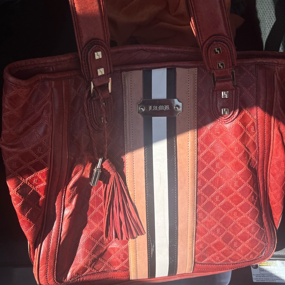 L.A.M.B. Red Quilted Tote with Striped Center Panel and Tassel